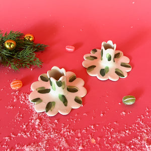 Club House Green Handmade Ceramic Scalloped Christmas Candleholders, Set of 2