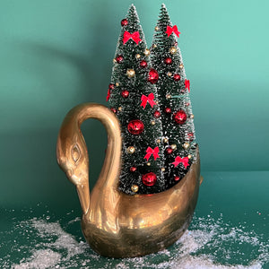 Vintage Brass Arched-Neck Swan Red Bows Christmas Trees Centerpiece