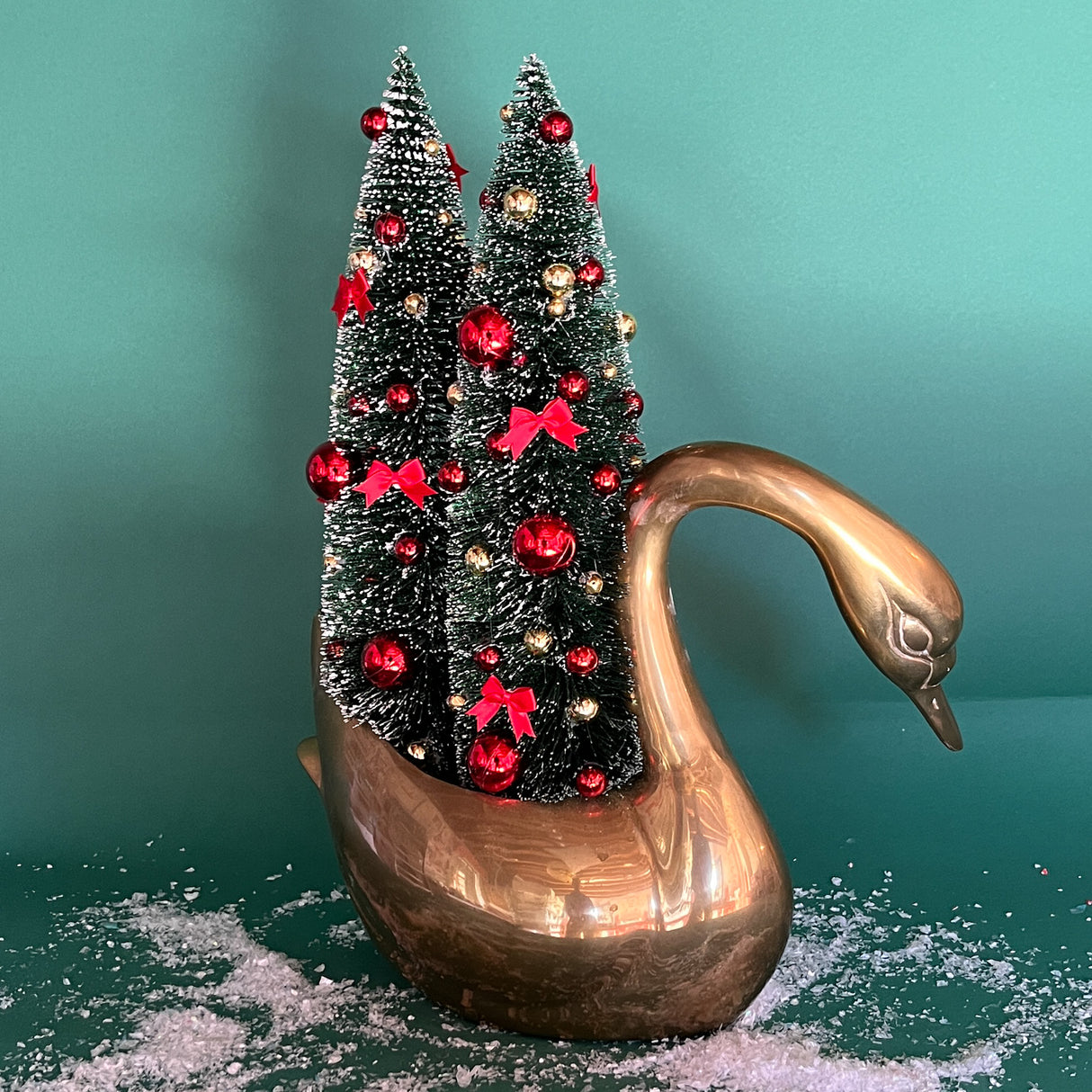 Vintage Brass Arched-Neck Swan Red Bows Christmas Trees Centerpiece