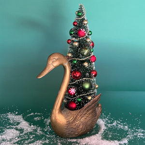 Vintage Tall Brass Swan w/Red/Green Christmas Tree Centerpiece