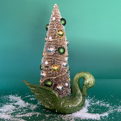 Vintage Green Ceramic Swan w/Gold Christmas Tree Centerpiece