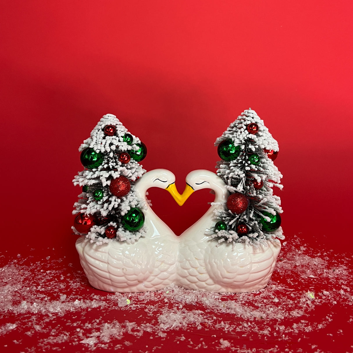 Vintage White Double Ceramic Swans w/Flocked Christmas Trees Centerpiece