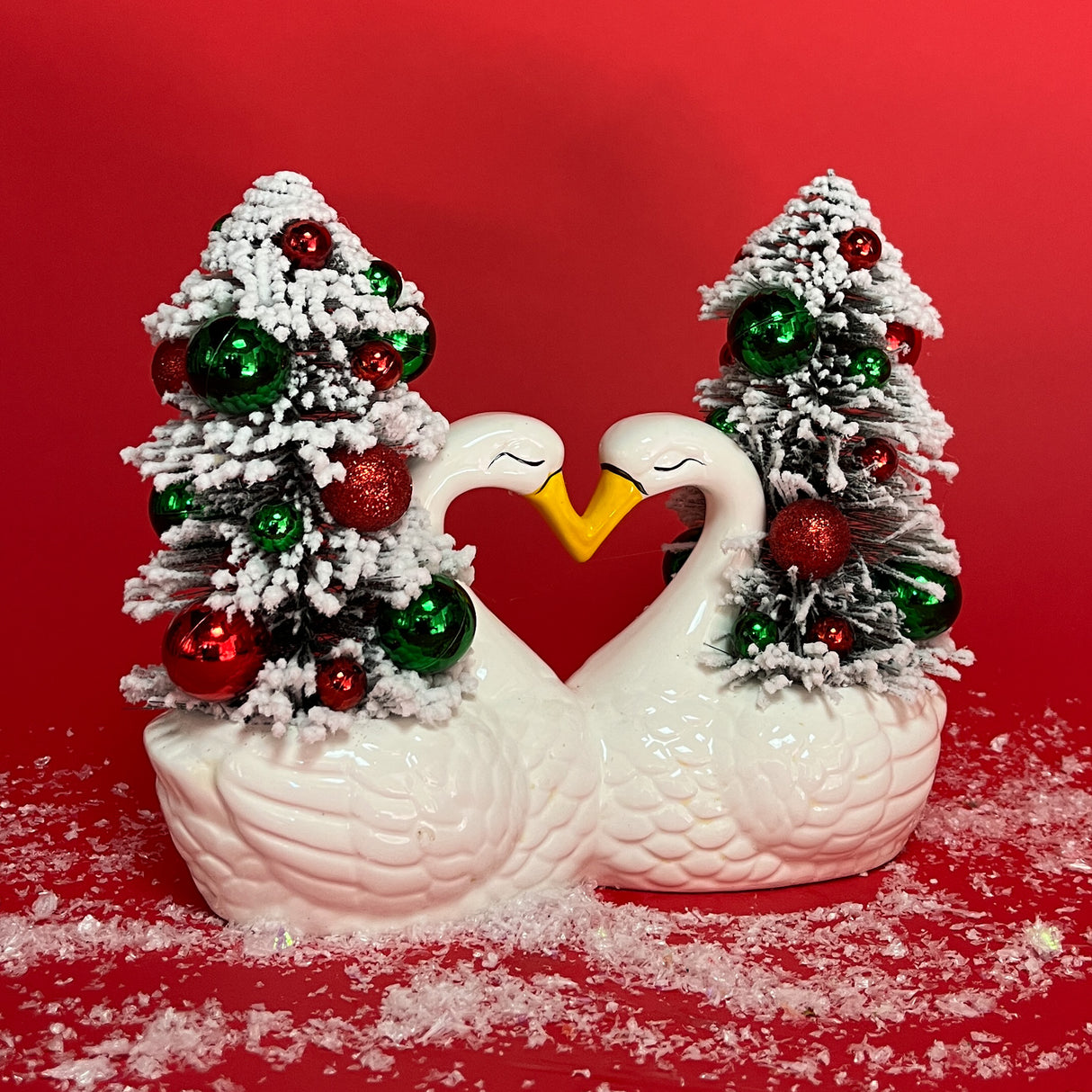 Vintage White Double Ceramic Swans w/Flocked Christmas Trees Centerpiece