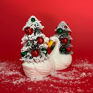 Vintage White Double Ceramic Swans w/Flocked Christmas Trees Centerpiece