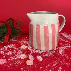 Hand-Painted Pink/Red-Striped Ceramic Cups, Set of 2