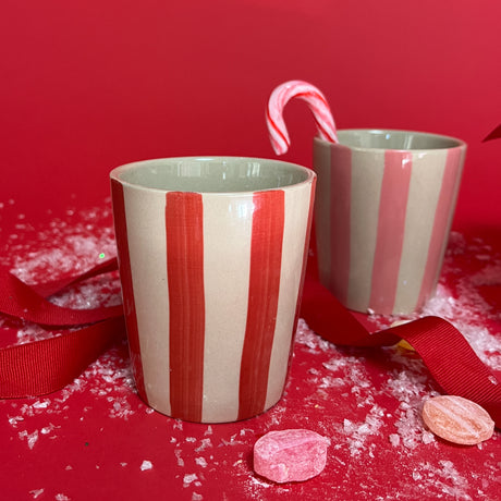 Hand-Painted Pink/Red-Striped Ceramic Cups, Set of 2