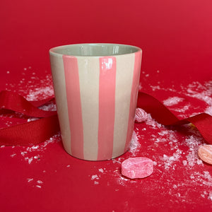 Hand-Painted Pink/Red-Striped Ceramic Cups, Set of 2