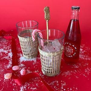 Red/Natural Rattan-Wrapped Glass Serving Pitcher