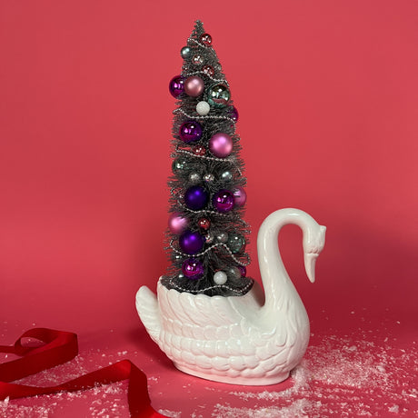 Vintage White Arched-Neck Ceramic Swan w/Pink/Purple/Silver Glitter Christmas Tree Centerpiece