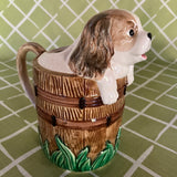 Vintage Pup in Barrel Ceramic Water Pitcher
