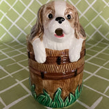 Vintage Pup in Barrel Ceramic Water Pitcher