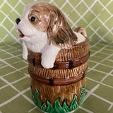 Vintage Pup in Barrel Ceramic Water Pitcher