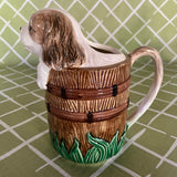 Vintage Pup in Barrel Ceramic Water Pitcher
