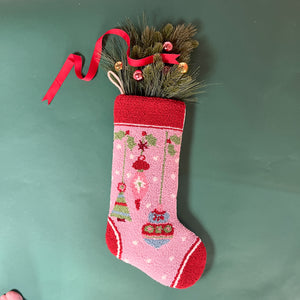 Holly Ornaments Hooked-Wool Christmas Stocking