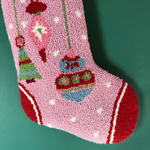 Holly Ornaments Hooked-Wool Christmas Stocking