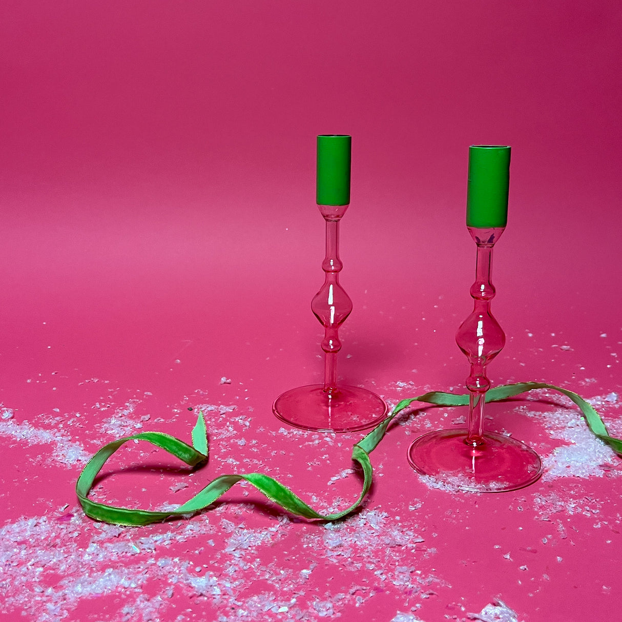 Pink Glass w/Green Tops Candleholders, Set of 2