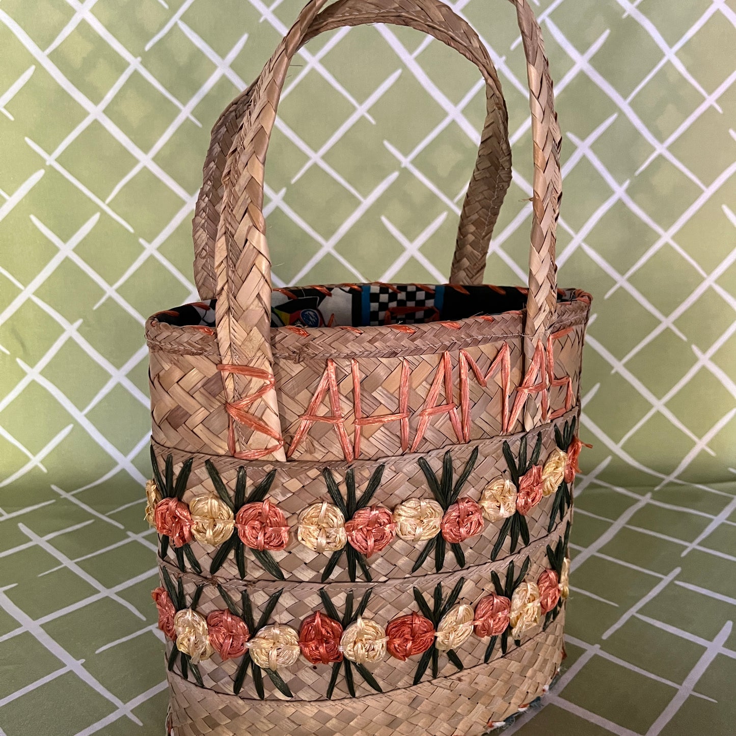 Vintage Bold Floral Bahamas Straw Bag