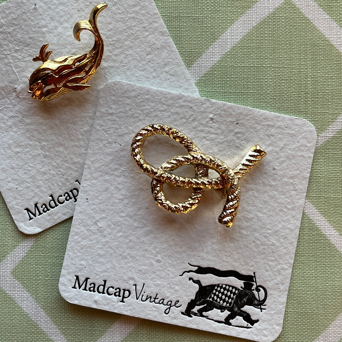 Vintage Gold-Hued Whale and Rope Pins, Set of 2