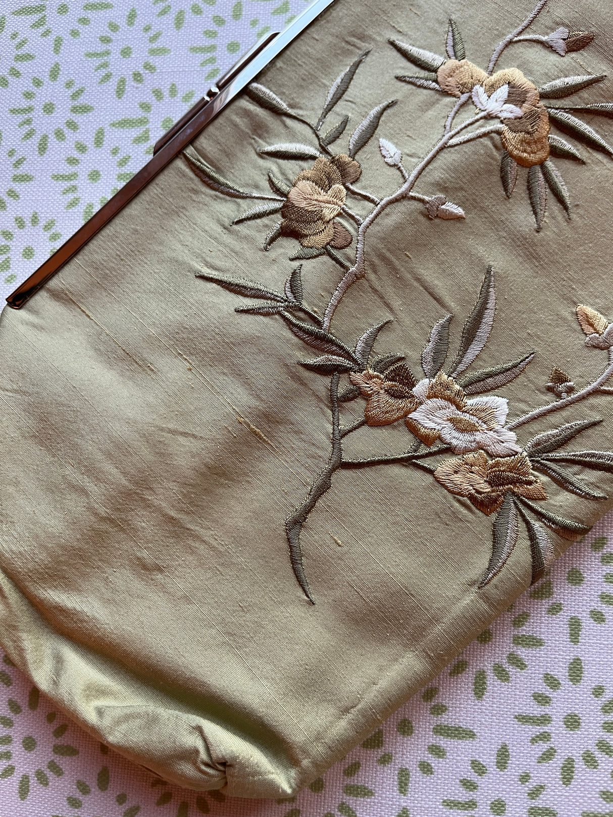 Embroidered Vintage Green Silk Clutch