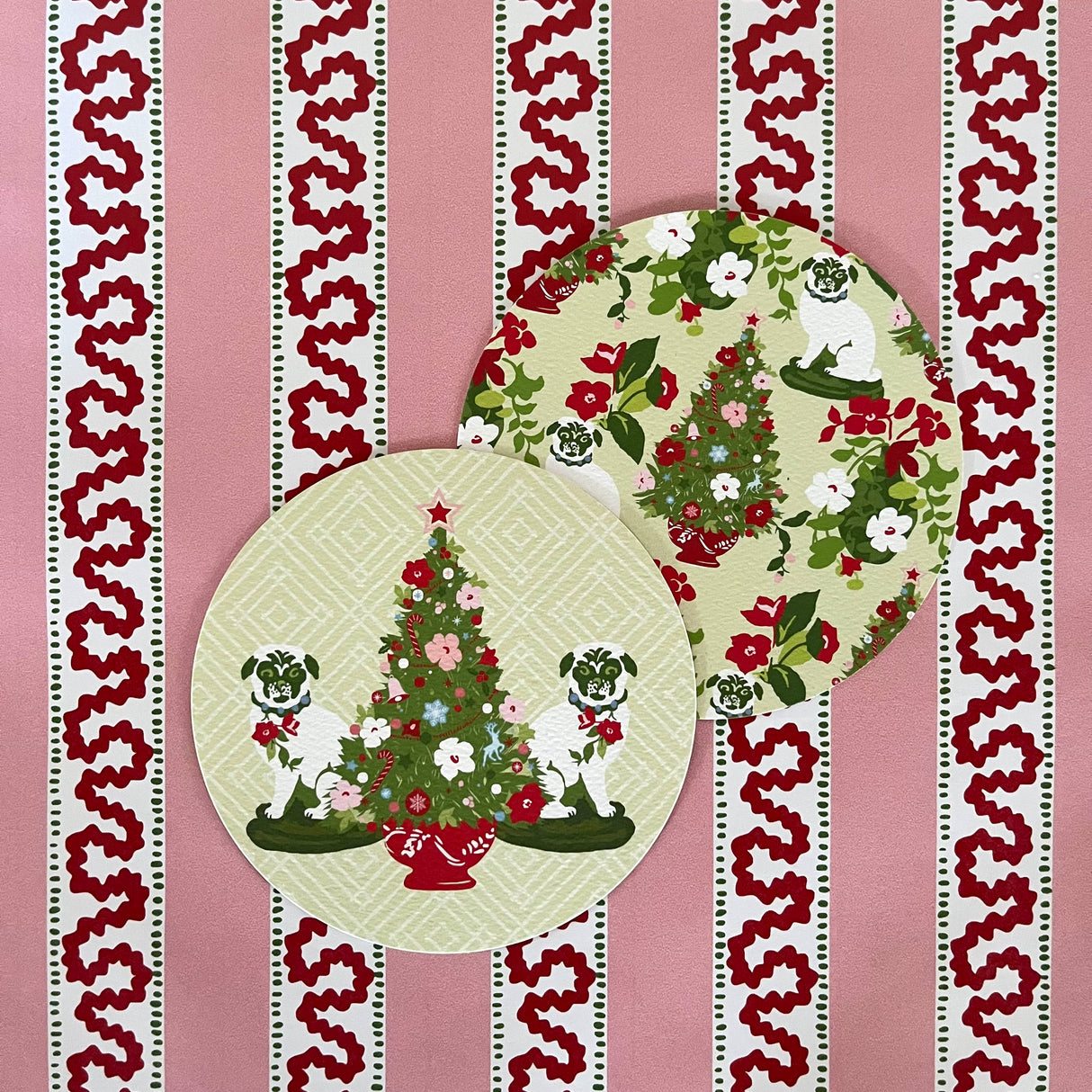 Christmas Pugs Round Paper Coasters