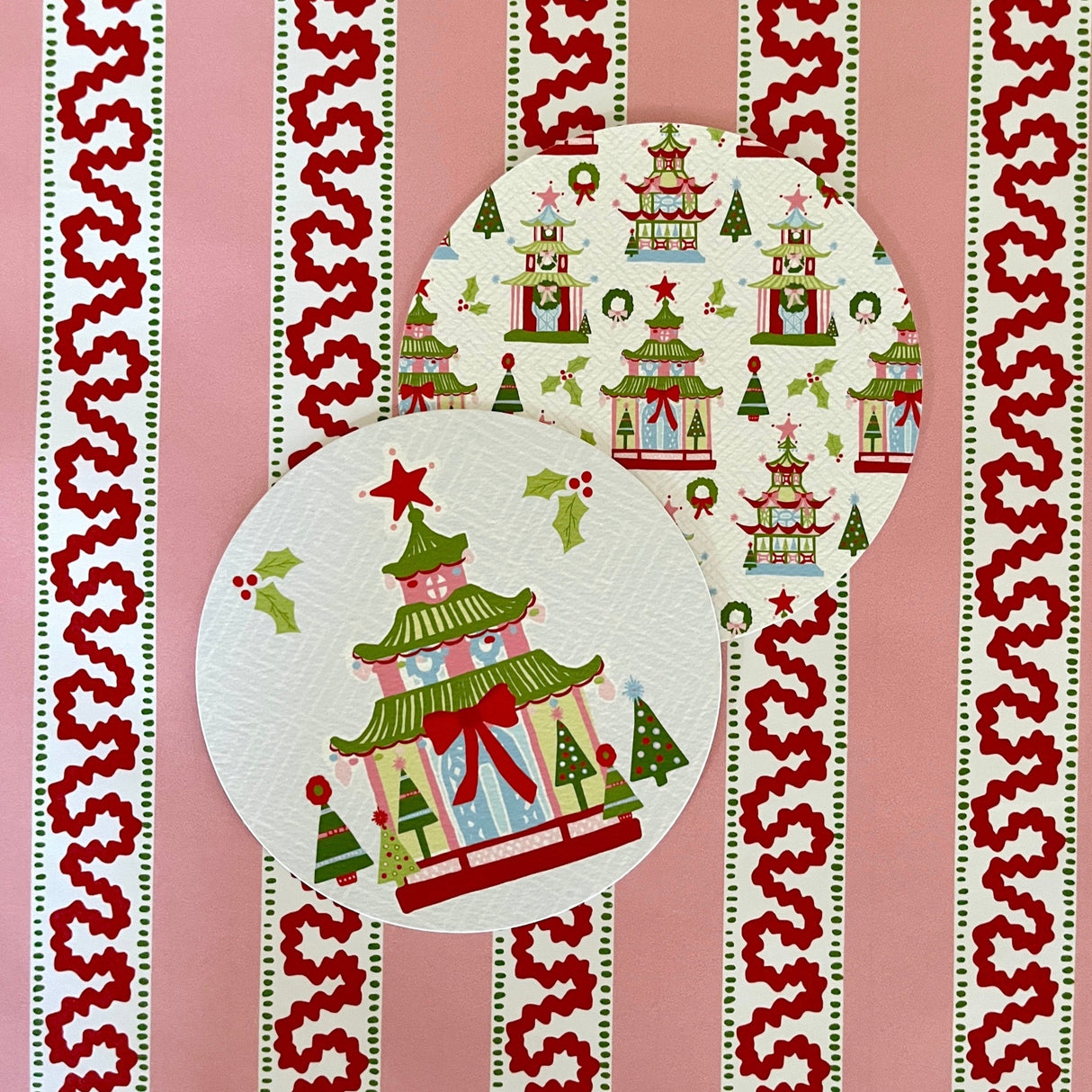 Festive Pagodas Christmas Round Paper Coasters