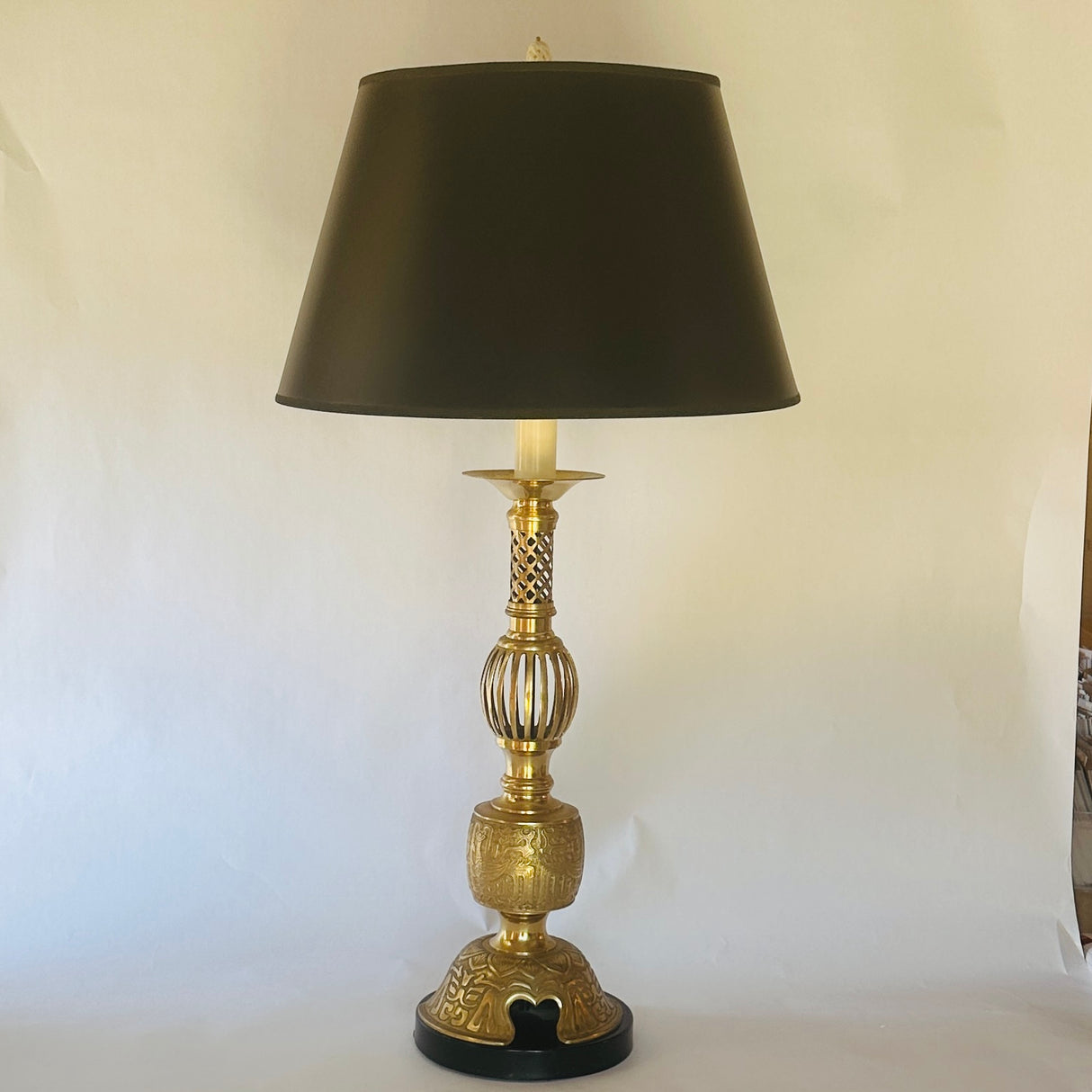 Tall Brass Asian Table Lamp with Lattice and Cut-Out Detailing