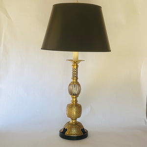 Tall Brass Asian Table Lamp with Lattice and Cut-Out Detailing