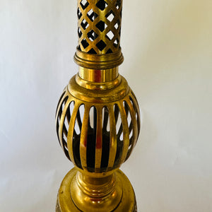 Tall Brass Asian Table Lamp with Lattice and Cut-Out Detailing