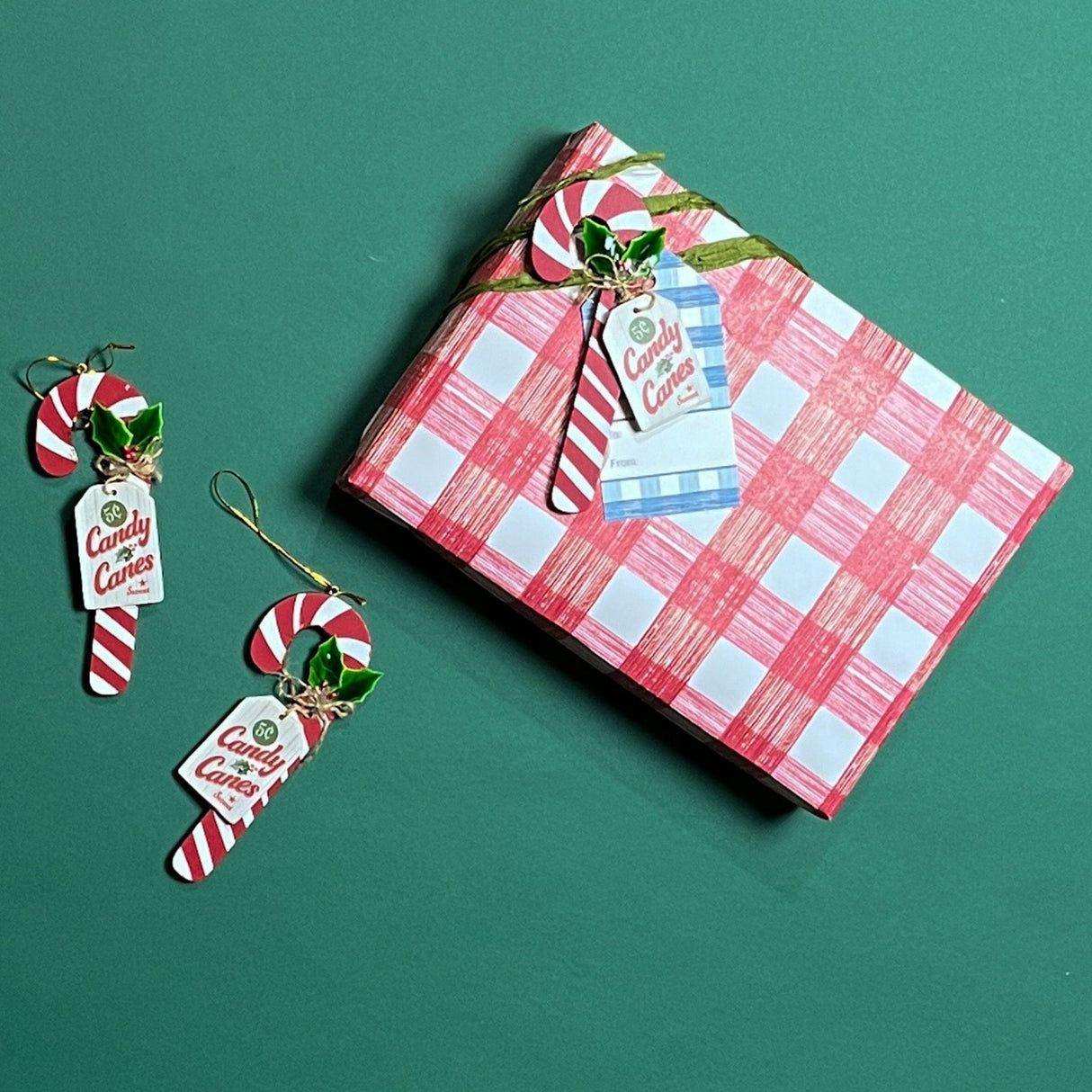 Wood Candy Cane w/Holly Sprigs Christmas Gift Embellishment, Set of 2