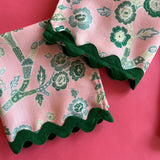 Temple Garden Pink/Green No-Iron Dinner Napkins with Green Ric Rack, Set of 2