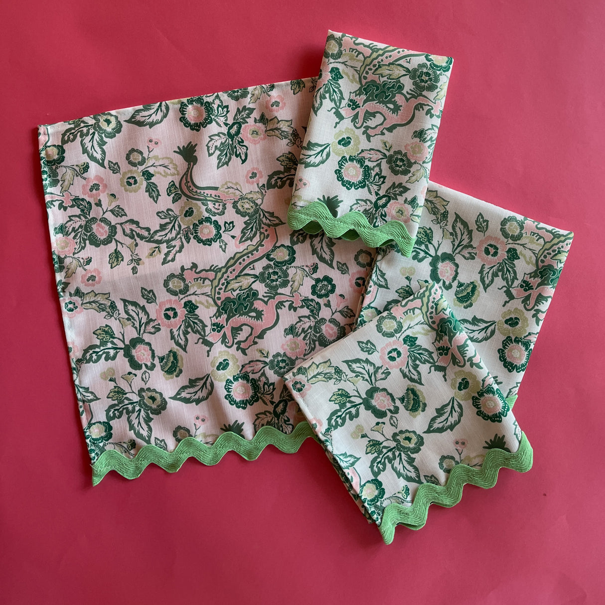 East of the Sun Pink/Green No-Iron Dinner Napkins with Ric Rack, Set of 2