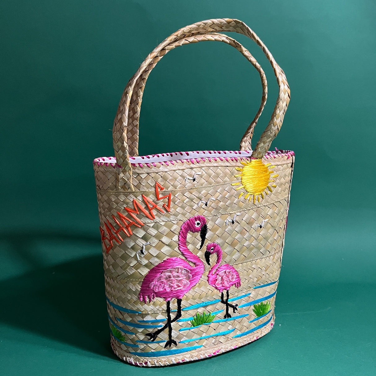 VIntage Bahamas Flamingos Straw Bucket Bag
