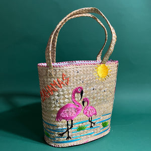 VIntage Bahamas Flamingos Straw Bucket Bag