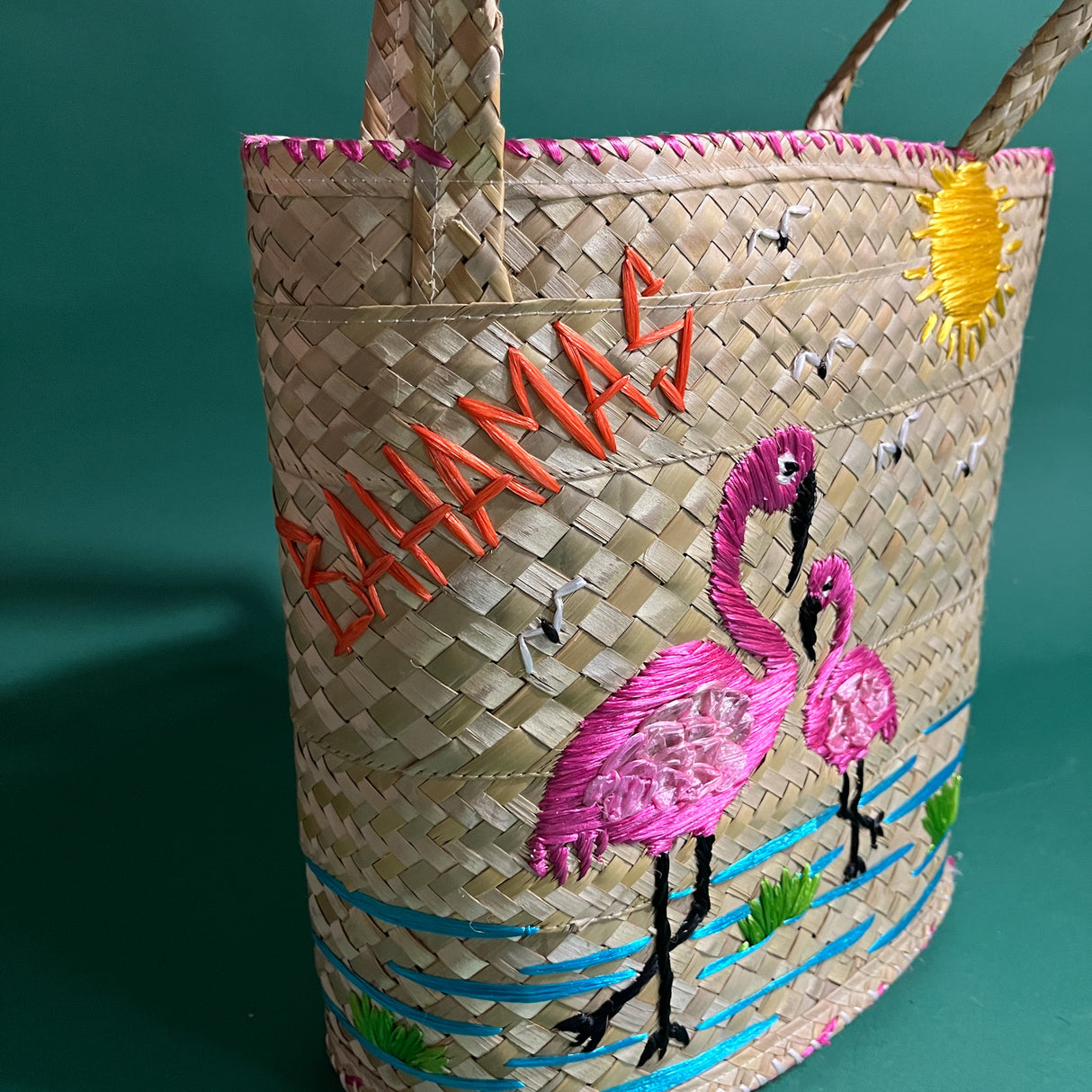 VIntage Bahamas Flamingos Straw Bucket Bag