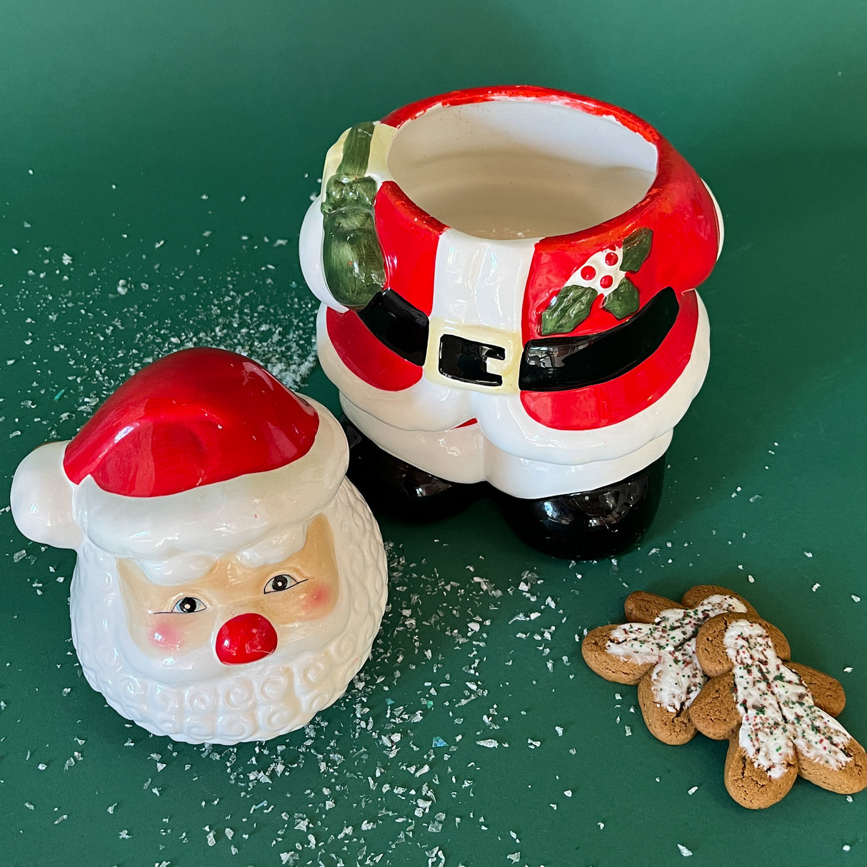 Vintage Ceramic Holly Santa Cookie Jar