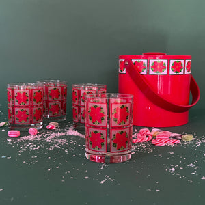 Vintage Red Poinsettia Ice Bucket w/Poinsettia Drinks Glasses, Set of 5