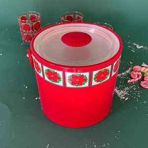 Vintage Red Poinsettia Ice Bucket w/Poinsettia Drinks Glasses, Set of 5