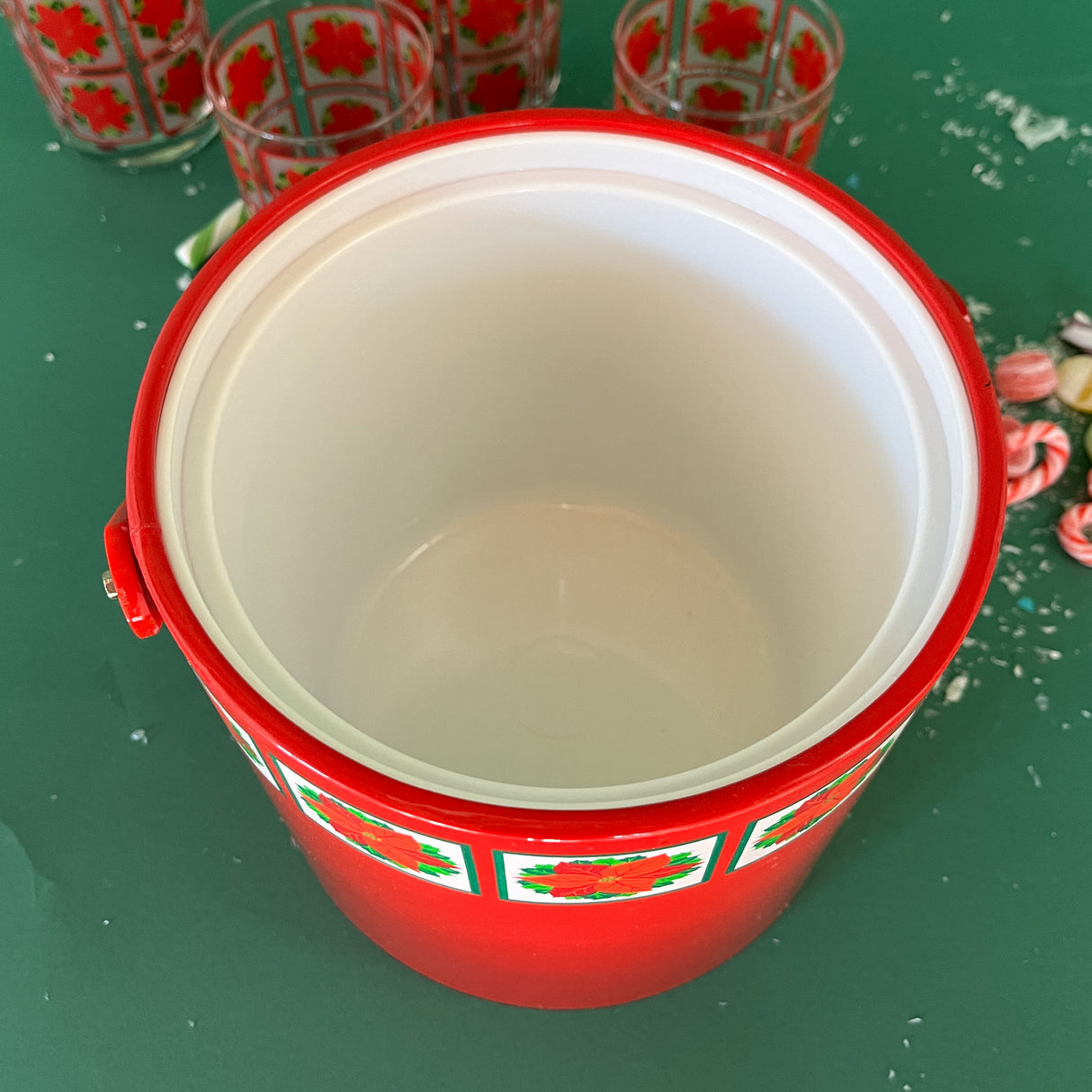 Vintage Red Poinsettia Ice Bucket w/Poinsettia Drinks Glasses, Set of 5