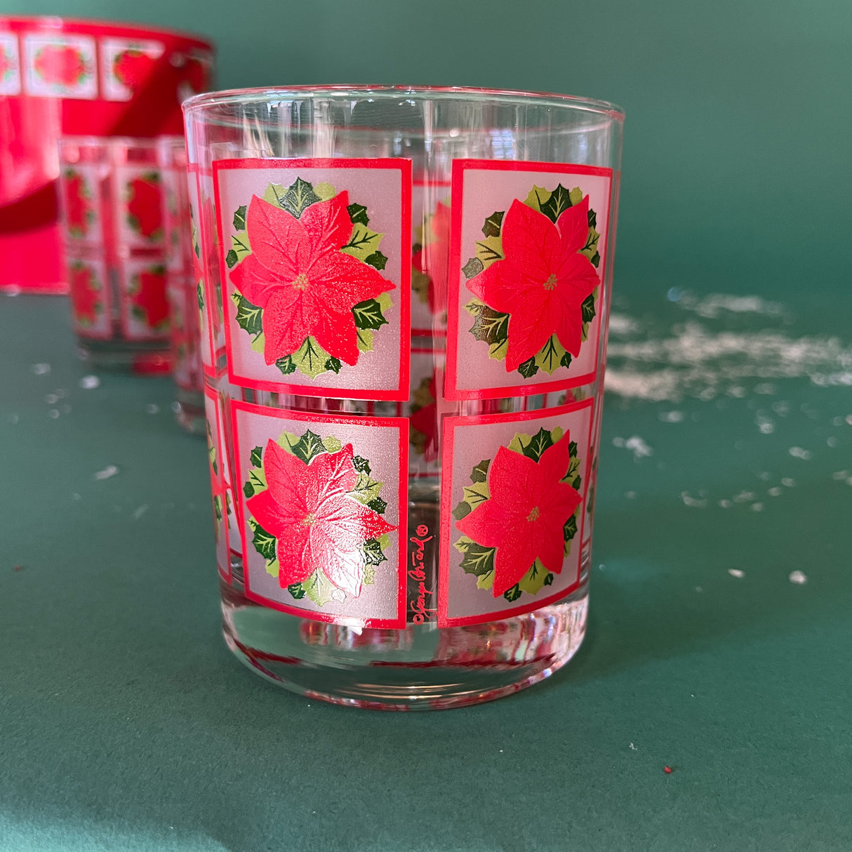 Vintage Red Poinsettia Ice Bucket w/Poinsettia Drinks Glasses, Set of 5