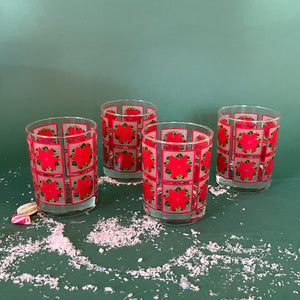 Vintage Red Poinsettia Ice Bucket w/Poinsettia Drinks Glasses, Set of 5