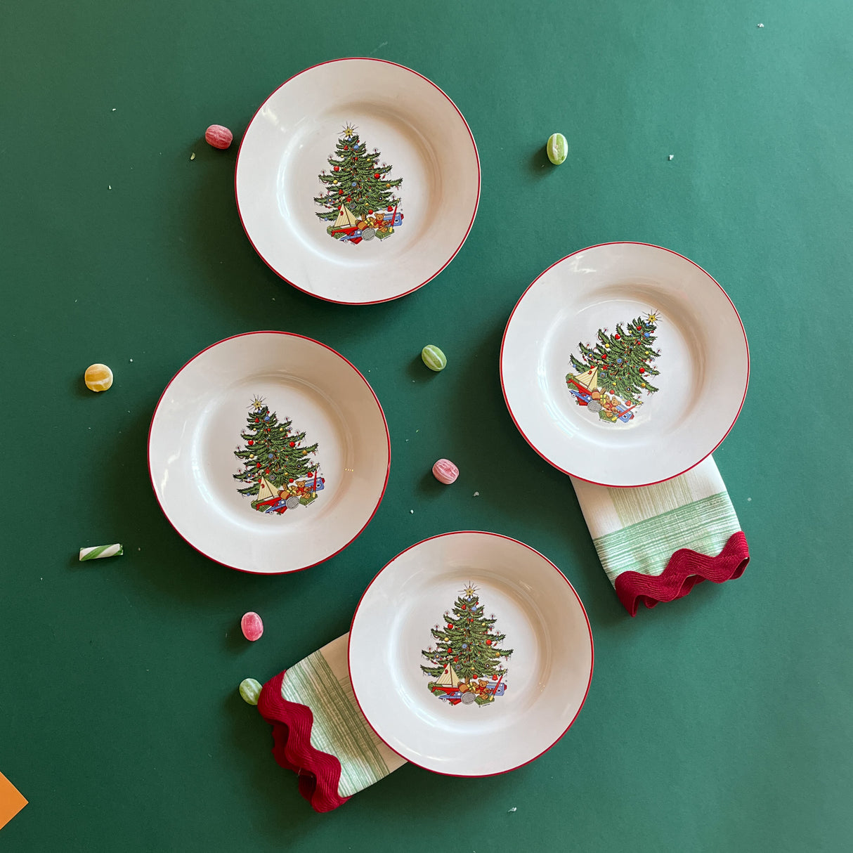 Vintage American Christmas Tree Salad/Dessert Plates, Set of 8