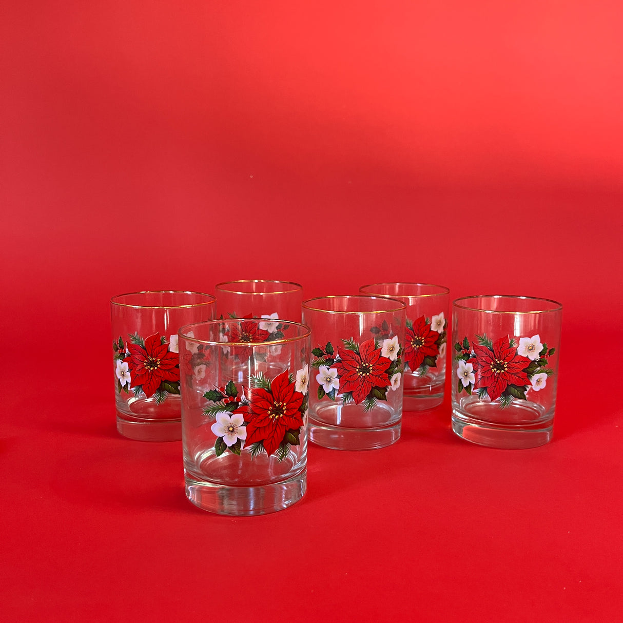 Vintage Christmas Poinsettia Ice Bucket w/Vintage Poinsettia/Magnolias/Holly Gilt-Edged Drinks Glasses, Set of 7