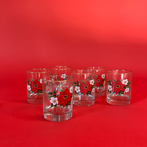 Vintage Christmas Poinsettia Ice Bucket w/Vintage Poinsettia/Magnolias/Holly Gilt-Edged Drinks Glasses, Set of 7