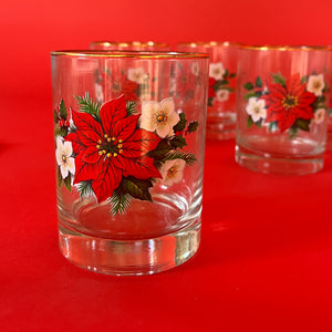 Vintage Christmas Poinsettia Ice Bucket w/Vintage Poinsettia/Magnolias/Holly Gilt-Edged Drinks Glasses, Set of 7