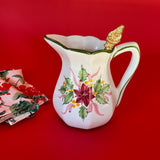 Vintage Ceramic Portuguese Hand-Painted Poinsettia and Holly Pitcher