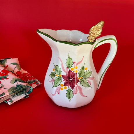 Vintage Ceramic Portuguese Hand-Painted Poinsettia/Holly Pitcher