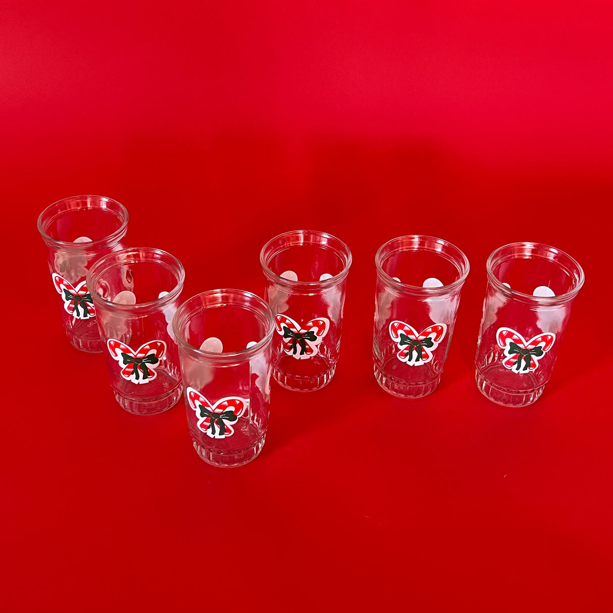 Vintage Tall Christmas Candy Cane Jelly Jar Drinks Glasses, Set of 6