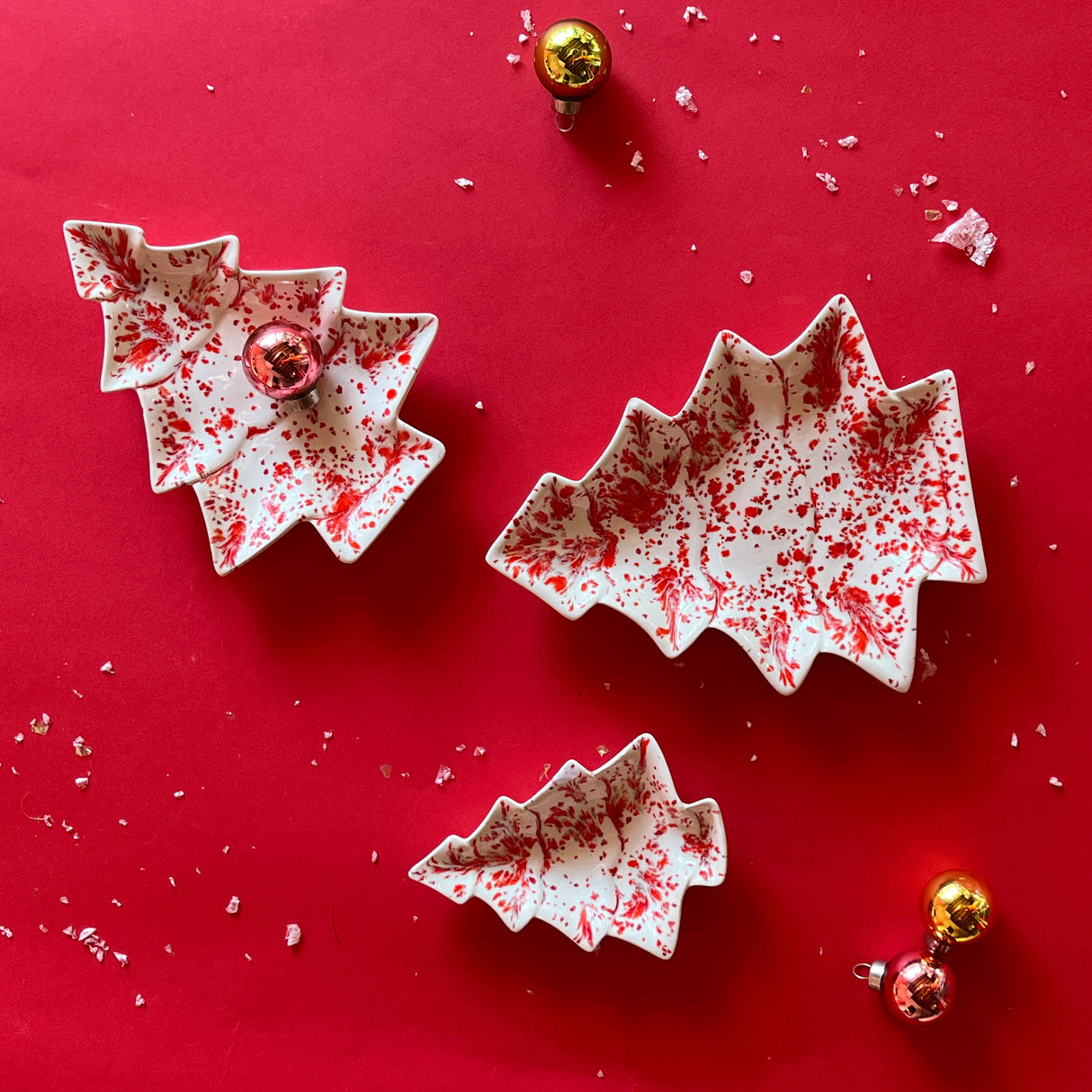 Vintage Red/White Splatterware Ceramic Stacking Candy Dishes, Set of 3