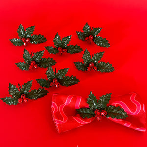 Vintage Christmas Tole Metal Red/Green Holly Bells Napkin Rings, Set of 8