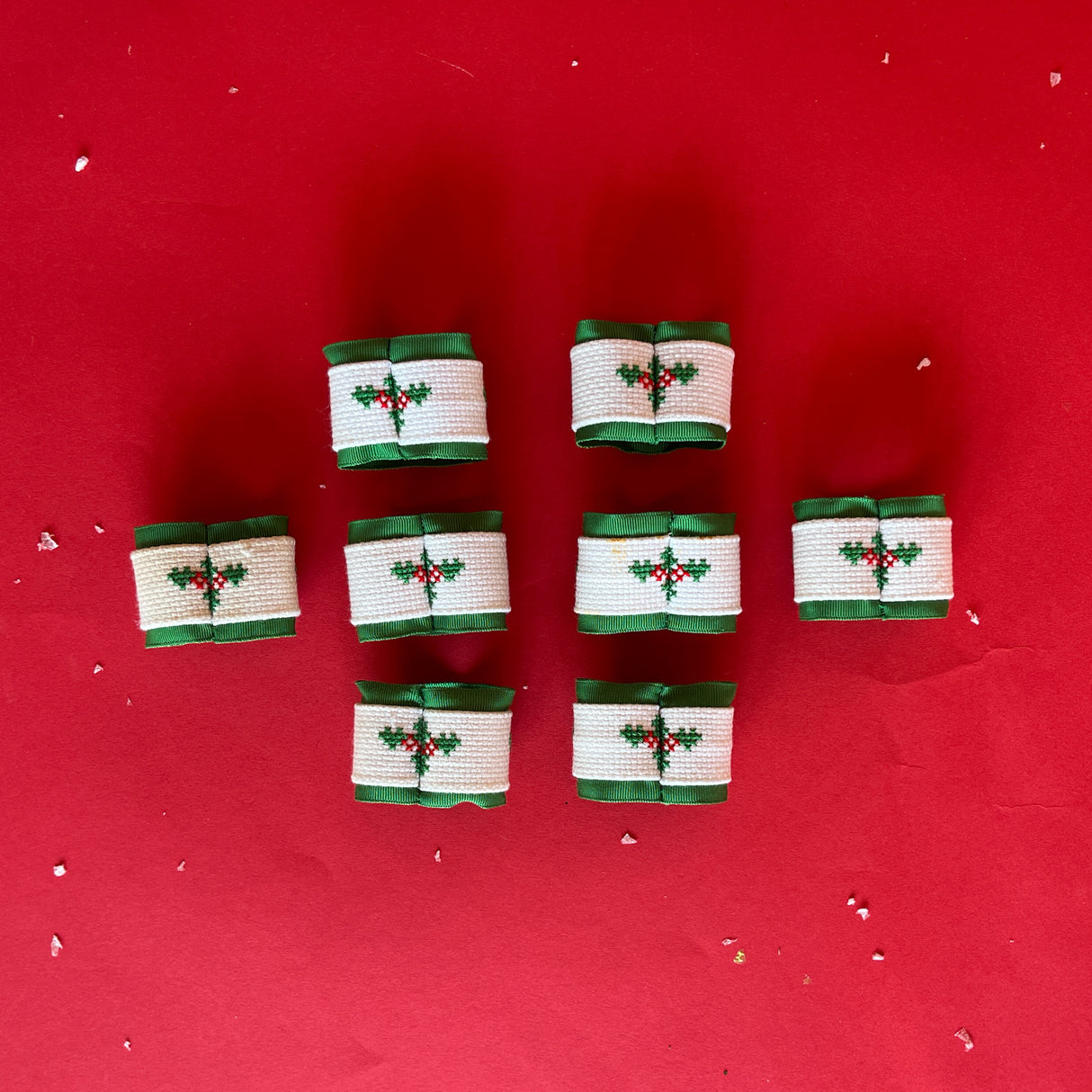 Vintage Holly Noel Embroidered Napkin Rings, Set of 8